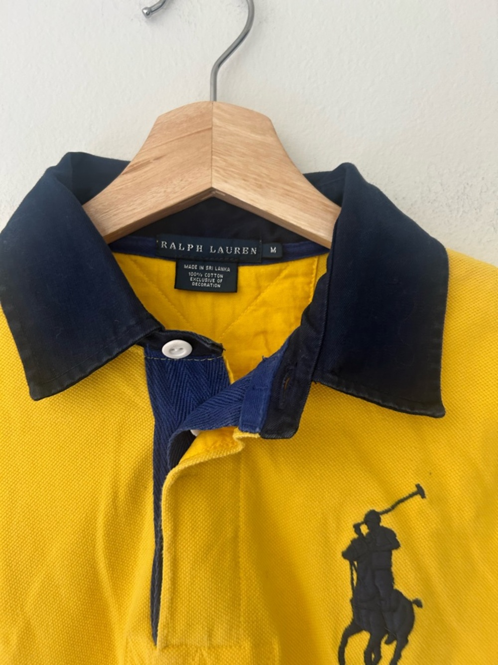 Y2K Ralph Lauren Men’s Medium Yellow Polo Shirt with Navy Big Pony - Picture 8 of 10